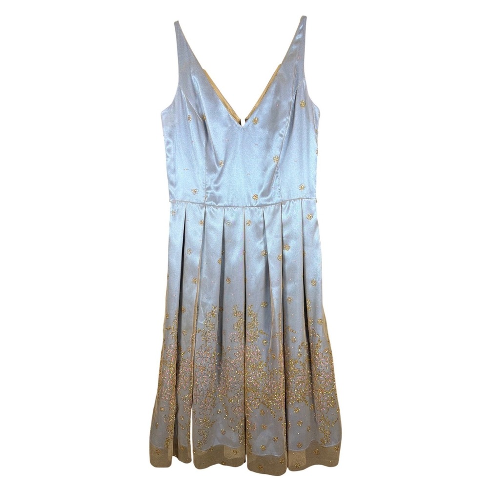 Papell Boutique Evening Dress Womens 6 Blue Gold Glitter Floral Mesh Fit Flare
